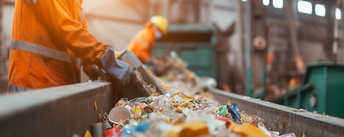 A imagem mostra trabalhadores em uma linha de triagem, usando equipamentos de proteção, enquanto realizam a segregação de resíduos. Eles estão separando diferentes tipos de materiais, como plásticos, papéis e metais, que estão dispostos em uma esteira rolante. O ambiente é industrial, com iluminação que destaca a atividade de manejo e separação dos resíduos, o que reflete o processo crucial para a reciclagem e o reaproveitamento de materiais, promovendo práticas de sustentabilidade e gestão de resíduos sólidos