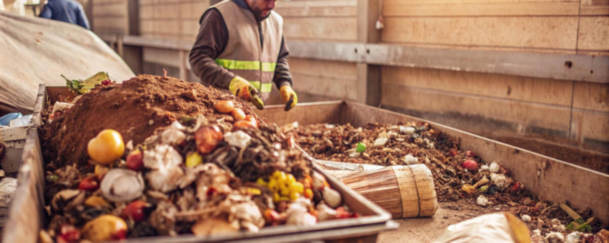 A imagem mostra um trabalhador utilizando equipamentos de segurança, como capacete e luvas, em um centro de compostagem de resíduos orgânicos. Ele está manuseando uma pilha de resíduos composta por restos de alimentos, como frutas e vegetais, que estão sendo processados em um ambiente coberto. O local apresenta recipientes grandes que armazenam os resíduos em diferentes estágios de decomposição, indicando um processo de reciclagem orgânica para a produção de composto, promovendo práticas de sustentabilidade e redução de resíduos.