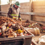 A imagem mostra um trabalhador utilizando equipamentos de segurança, como capacete e luvas, em um centro de compostagem de resíduos orgânicos. Ele está manuseando uma pilha de resíduos composta por restos de alimentos, como frutas e vegetais, que estão sendo processados em um ambiente coberto. O local apresenta recipientes grandes que armazenam os resíduos em diferentes estágios de decomposição, indicando um processo de reciclagem orgânica para a produção de composto, promovendo práticas de sustentabilidade e redução de resíduos.