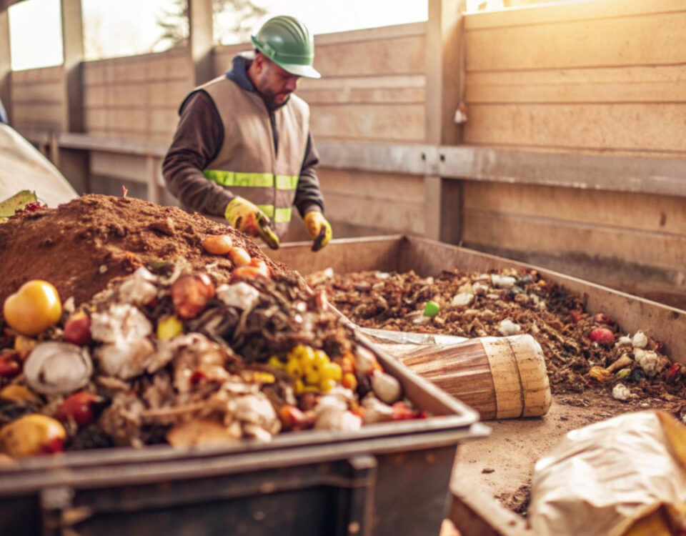 A imagem mostra um trabalhador utilizando equipamentos de segurança, como capacete e luvas, em um centro de compostagem de resíduos orgânicos. Ele está manuseando uma pilha de resíduos composta por restos de alimentos, como frutas e vegetais, que estão sendo processados em um ambiente coberto. O local apresenta recipientes grandes que armazenam os resíduos em diferentes estágios de decomposição, indicando um processo de reciclagem orgânica para a produção de composto, promovendo práticas de sustentabilidade e redução de resíduos.